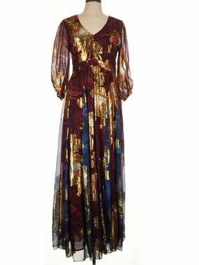 Elegant Hemant & Nandita Metallic Silk Blend Maxi Boho Gold Burgundy Size 10